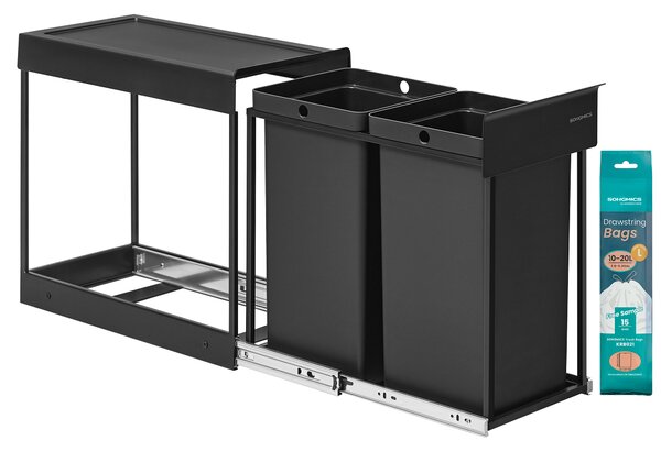 SONGMICS Vstavaný odpadkový kôš do skrinky, 2 x 15 l, oceľový rám, čierny