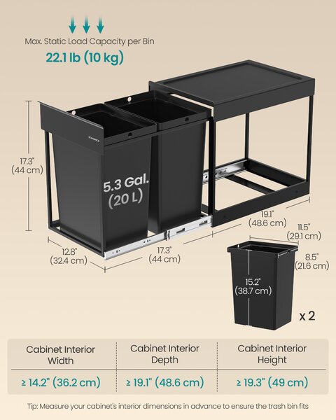 SONGMICS Vstavaný odpadkový kôš do skrinky, 2 x 20 l, oceľový rám, čierny