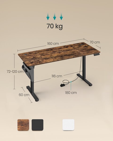 SONGMICS Výškovo nastaviteľný elektrický stôl 70 x 160 x 72–120 cm hnedá čierna