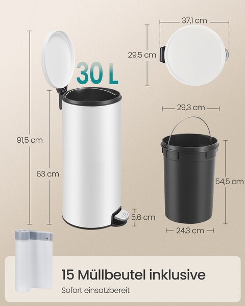 SONGMICS Kruhový plastový odpadkový kôš s pedálom a vnútorným vedrom s tichým zatváraním, 30 l, biela