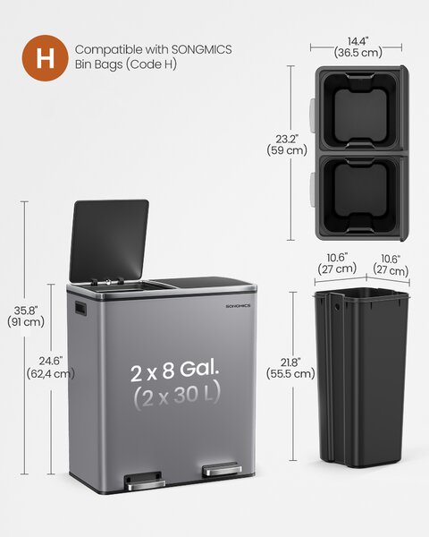 SONGMICS Odpadkový kôš 2 x 30 l s pedálovým ovládaním a tichým zatváraním, s vnútornými nádobami, svetlošedý