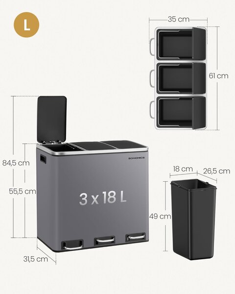SONGMICS Odpadkový kôš s pedálom na triedený odpad 3 x 18 litrov, svetlošedý