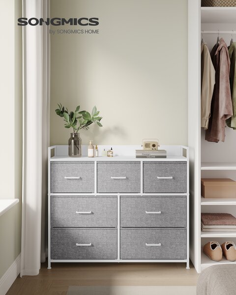SONGMICS Komoda s 7 zásuvkami 98 x 85 x 29 cm, biela, sivá
