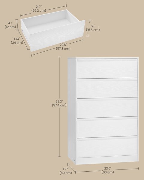 VASAGLE Komoda KAYLIN s 5 zásuvkami 60 x 97 x 40 cm, biela