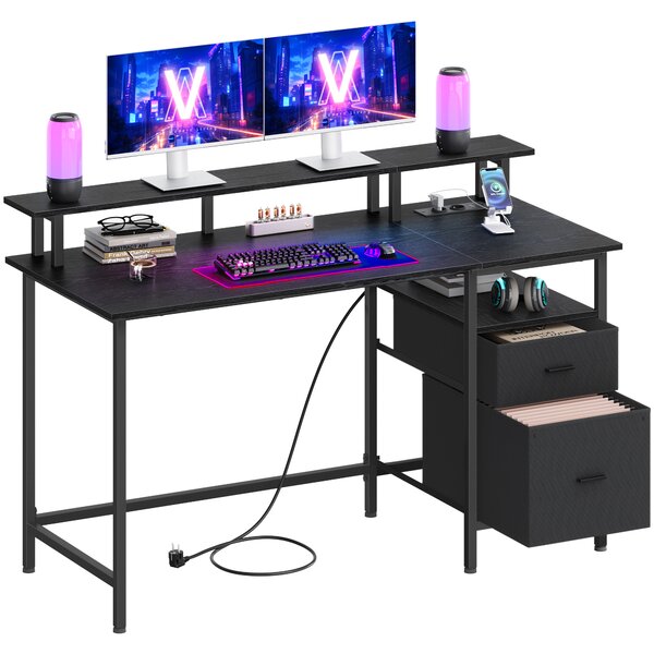 VASAGLE Počítačový stôl s policou na monitor, 2 USB porty, 140 x 60 cm, čierne drevo