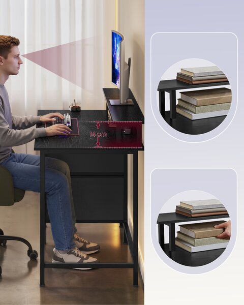 VASAGLE Počítačový stôl s policou na monitor, 2 USB porty, 140 x 60 cm, čierne drevo