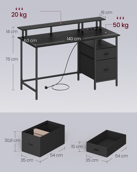 VASAGLE Počítačový stôl s policou na monitor, 2 USB porty, 140 x 60 cm, čierne drevo