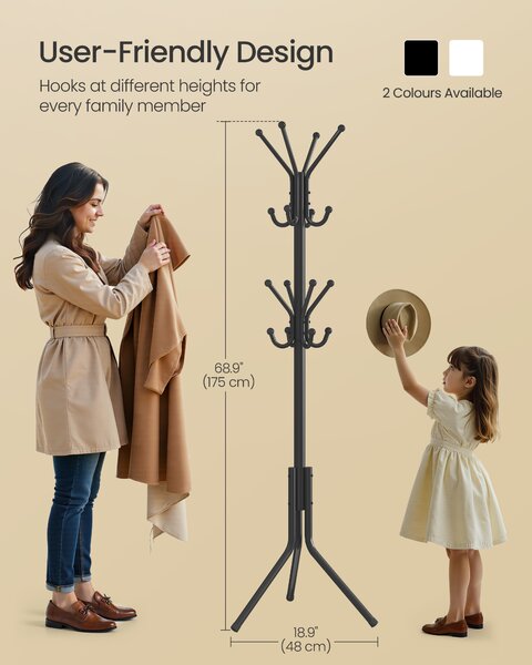 SONGMICS Kovový vešiak na kabáty 175 cm, 16 háčikov, čierny