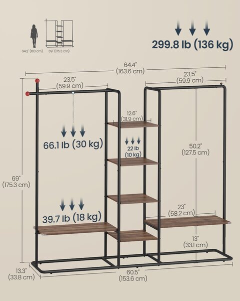 SONGMICS Vešiak na oblečenie MATCHES s policami 15 x 175 x 34 cm, orechová farba, čierny