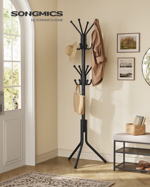 SONGMICS Kovový vešiak na kabáty 175 cm, 16 háčikov, čierny