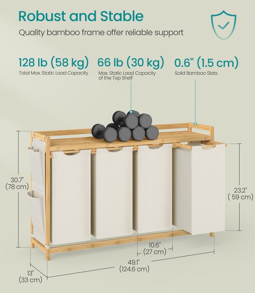 SONGMICS Bambusový koš na bielizeň 4 x 50 l, krémový