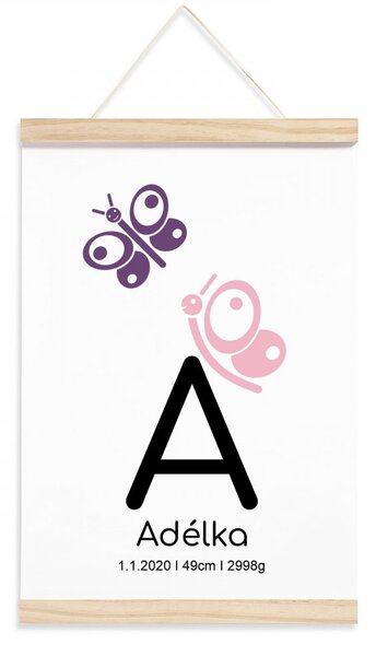 Pieris design Plakát s údaji o narození - motýlci