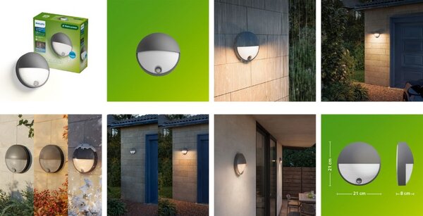 Vonkajšie nástenné svietidlo so senzorom LED 2700K antracitová IP44 PHILIPS UltraEfficient Capricorn 8721103109996