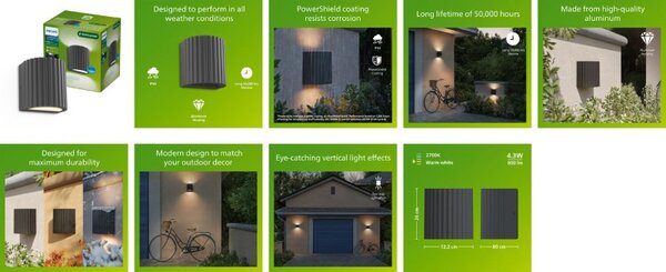 Vonkajšie nástenné svietidlo LED 2700K antracitová IP44 PHILIPS Zyra 8721103104830
