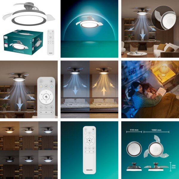 Stropný ventilátor so svetlom LED 2700–6500K čierna IP20 PHILIPS Bliss 8721103096043