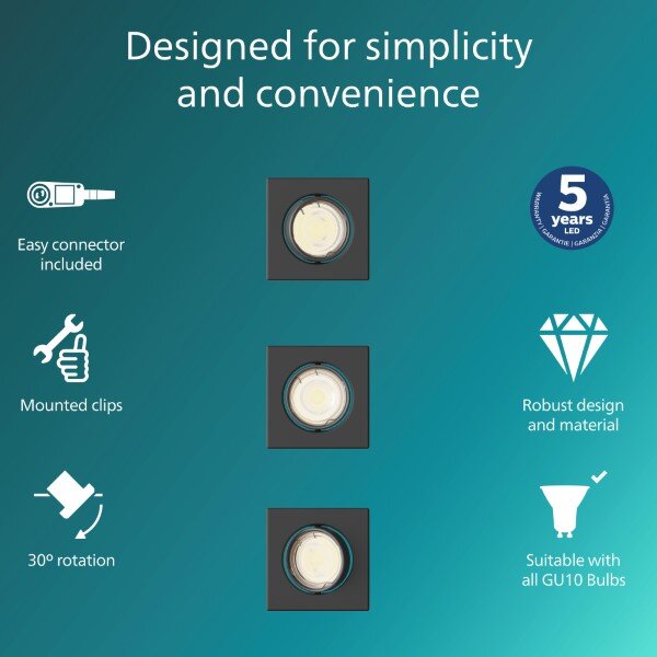 Zapustené svietidlo GU10 čierna IP20 PHILIPS Peridot 8721103037039 balenie 3 ks