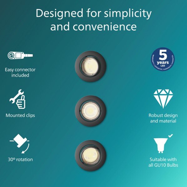 Zapustené svietidlo GU10 čierna IP20 PHILIPS Peridot 8720169376083 balenie 3 ks