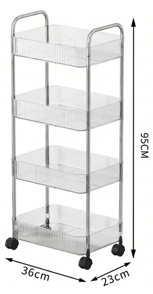 Regál na kolieskach 4 police CLARY 95x36 cm, transparentný/strieborný