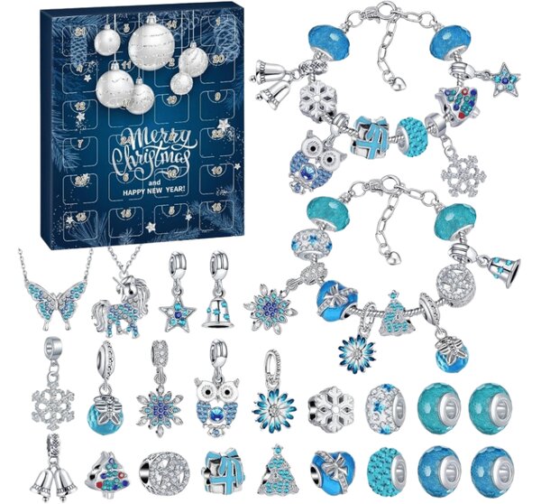 Adventný kalendár BLUE DIAMONDS s náramkami, retiazkami a príveskami, modrá/strieborná