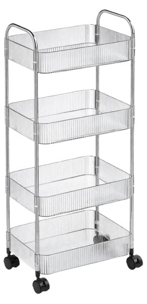 Regál na kolieskach 4 police CLARY 95x36 cm, transparentný/strieborný