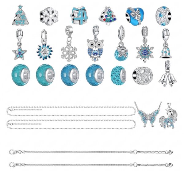 Adventný kalendár BLUE DIAMONDS s náramkami, retiazkami a príveskami, modrá/strieborná