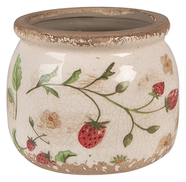 Béžový keramický obal na kvetináč s jahôdkami Wild Strawberries S - Ø 12*10 cm - Clayre & Eef