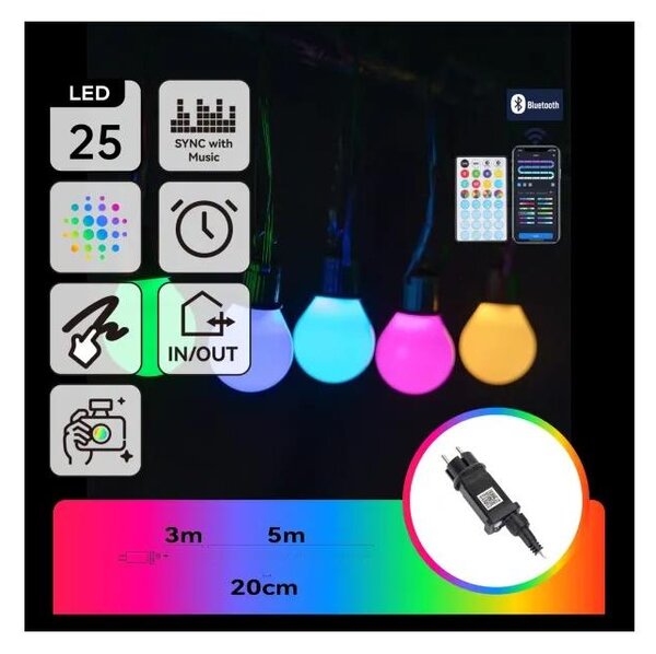 Aigostar - LED RGBICW inteligentný vonkajší svetelný reťaz MESH s 25 LED, 5 m, IP44 + diaľkové ovládanie