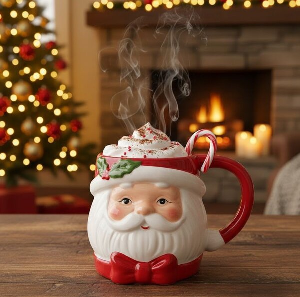 Bielo-červený keramický hrnček Santa Claus - 13*10*9 cm / 300 ml - Clayre & Eef