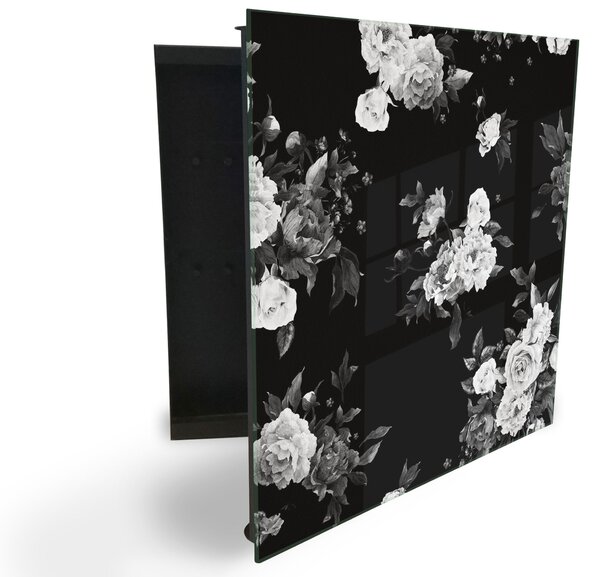Glasdekor skrinka na kľúče - abstraktné biele kvety na čiernom - Pravé / Biela