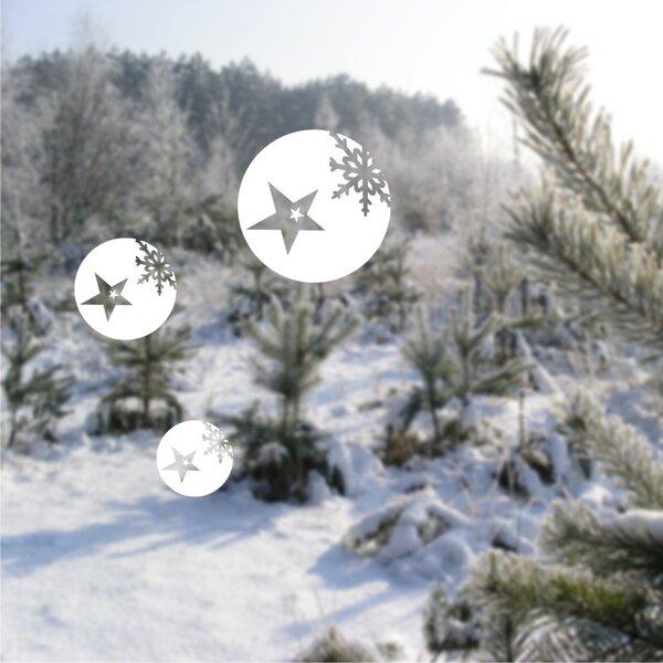 Koule s vločkou a hvězdou - vánoční samolepky na okno biela
