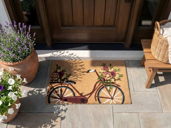 Rohožka prírodné kokosové vlákno 40 x 60 cm protišmyková spodná strana PVC rohož s motívom bicykla
