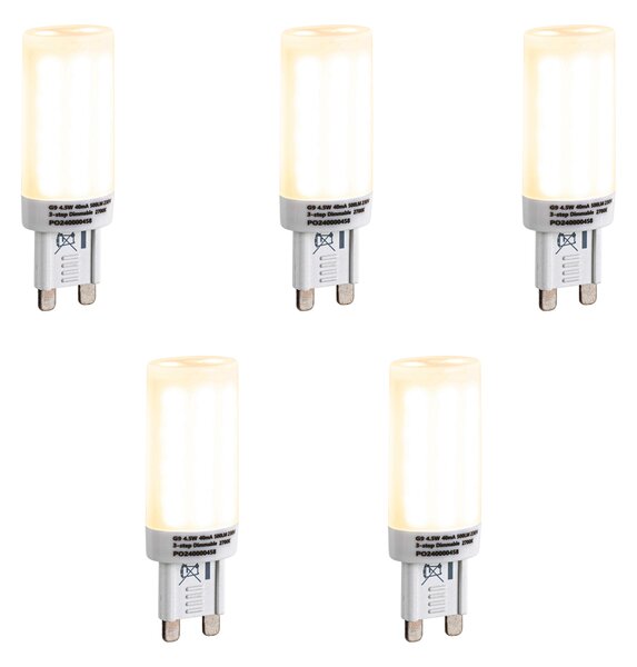 Sada 5 stmievateľných LED žiaroviek G9 s 3-stupňovým stmievaním, opál, 4,5 W, 500 lm, 2700 K