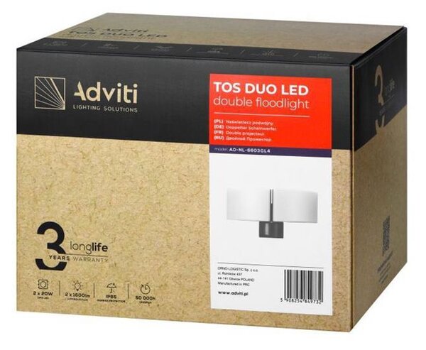 Dvojitý LED reflektor 2x20W, IP65, 400K