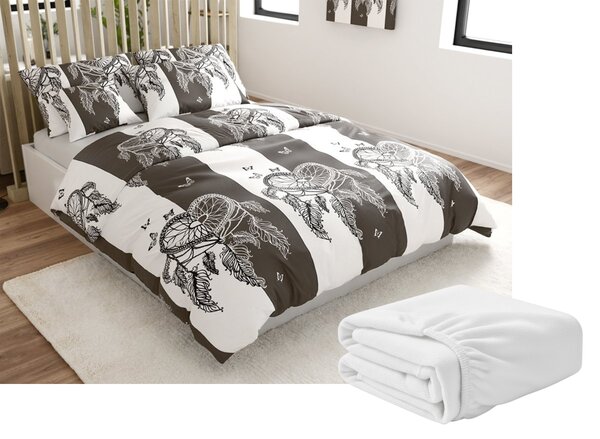 Sada mikroplyšových obliečok TIRSO sivo-biele + plachta mikroplyš SOFT 90x200 cm biela, jednolôžko