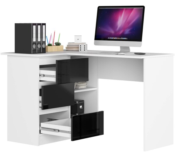 Ak furniture Rohový písací stôl B16 124 cm biely/čierny lesk ľavý