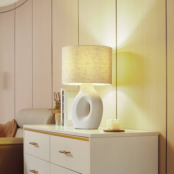 Lindby Stolná lampa Thalassia, biela, Ø 30 cm, keramika, Biela / opálová, Obývacia izba / jedáleň, Textil / látka / hodváb, Škandinávsky, Stojacie svietidlo