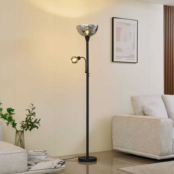 Lindby Stojacia lampa Nehemia, čierna, sklo, svetlo na čítanie, 185 cm, Čierna, Obývacia izba / jedáleň, kov, Moderný, Stojaca lampa