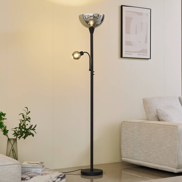 Lindby Stojacia lampa Nehemia, čierna, sklo, svetlo na čítanie, 185 cm, Čierna, Obývacia izba / jedáleň, kov, Moderný, Stojaca lampa