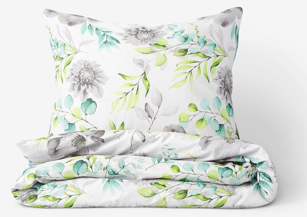 Goldea bavlnené posteľné obliečky deluxe - eukalyptus s kvety 140 x 200 a 70 x 90 cm