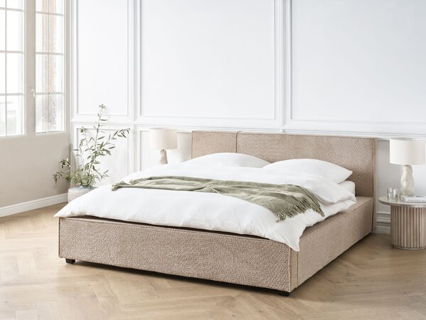 Posteľ sivobéžová buklé čalúnenie 160 x 200 cm s čelom lamelový rošt moderný minimalistický štýl spálňa