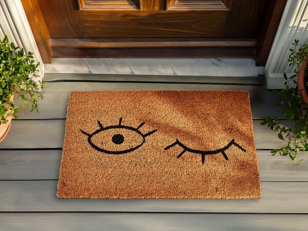 Rohožka prírodné kokosové vlákno 40 x 60 cm PVC povlak protišmyková rohož motív očí do interiéru moderná