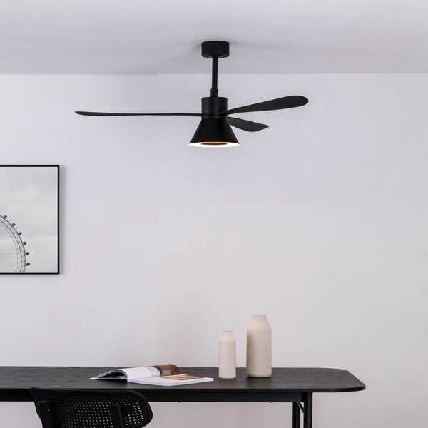 FARO BARCELONA Stropný ventilátor s LED osvetlením Amelia Cone L, čierny, tichý, 132 cm, Čierna, Obývacia izba / jedáleň, Plast, Moderný