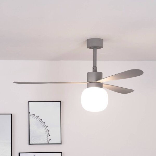 FARO BARCELONA LED stropný ventilátor Amelia Ball L, sivý, DC, tichý, 132 cm, Hliník / sivá / zinok, Obývacia izba / jedáleň, Plast, Moderný