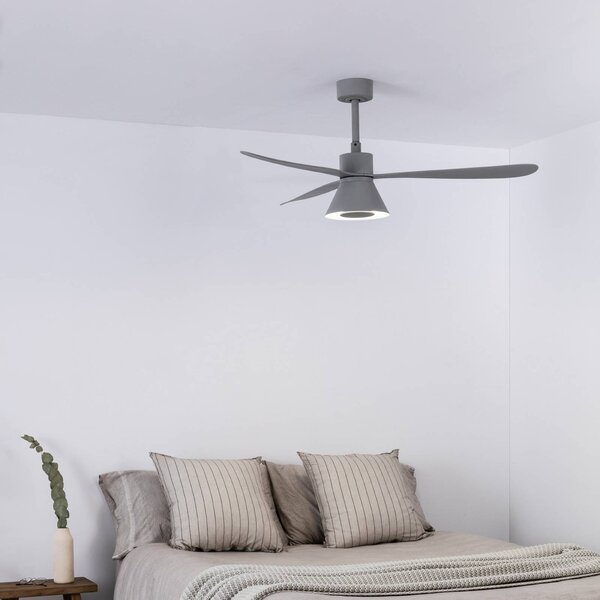 FARO BARCELONA Stropný ventilátor s LED osvetlením Amelia Cone L, sivý, DC, tichý, 132 cm, Hliník / sivá / zinok, Obývacia izba / jedáleň, Plast, Moderný