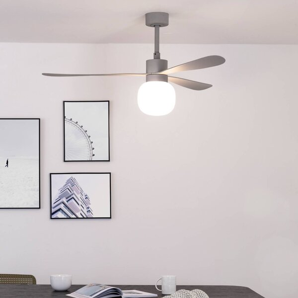 FARO BARCELONA LED stropný ventilátor Amelia Ball L, sivý, DC, tichý, 132 cm, Hliník / sivá / zinok, Obývacia izba / jedáleň, Plast, Moderný