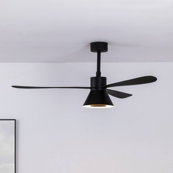 FARO BARCELONA Stropný ventilátor s LED osvetlením Amelia Cone L, čierny, tichý, 132 cm, Čierna, Obývacia izba / jedáleň, Plast, Moderný