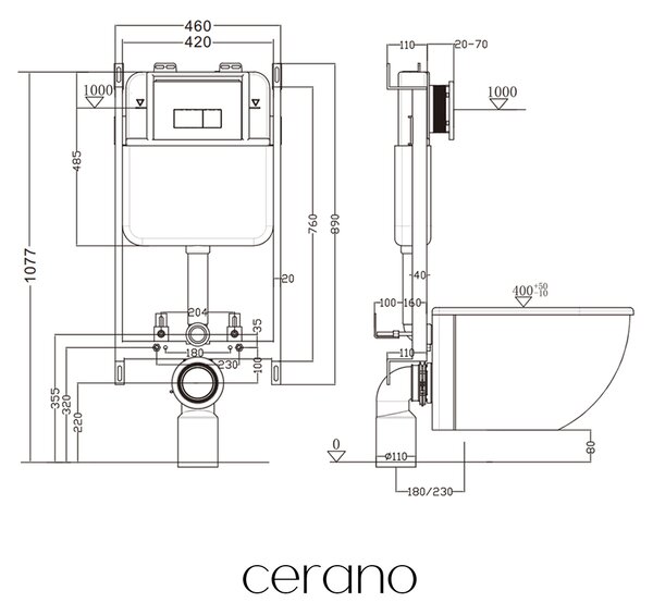 CERANO - Závesné WC s bidetom Cronus Pro - biela lesklá - tlačidlo Prime/Dualo, biele - na zamurovanie - 59,3x38,4 cm