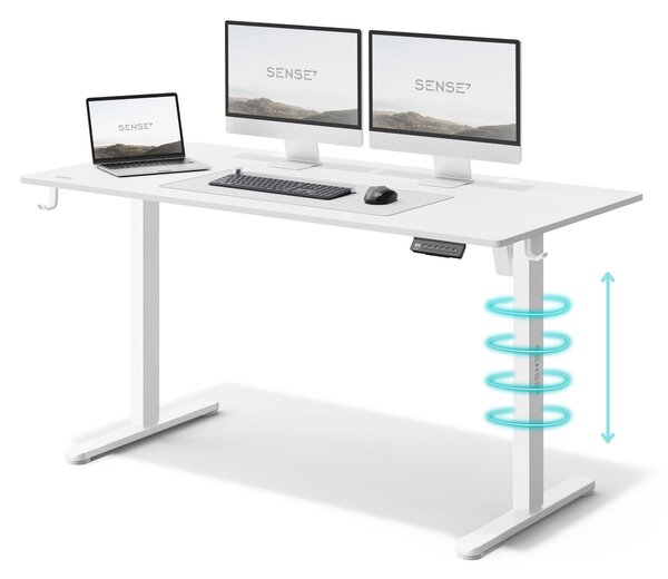 SENSE7 Nojo Výškovo nastaviteľný stôl 140 x 70 cm Elektrický Biely Herný stôl Počítačový stôl Stojací stôl Funkcia pamäte Správa káblov Kancelária