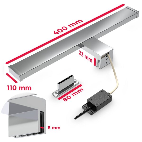 B.K. Licht LED nástenné svetlo BKL1230, chróm/biela, šírka 40 cm, kov, IP44, Chrómová / strieborná, Kúpeľňa, kov, Moderný