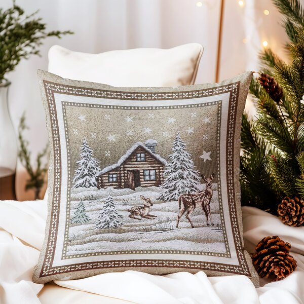 Vianočná gobelínová obliečka na vankúš Zasnežená krajinka v béžovom Chenille IT030 Farba Béžová Rozmery 42x42 cm